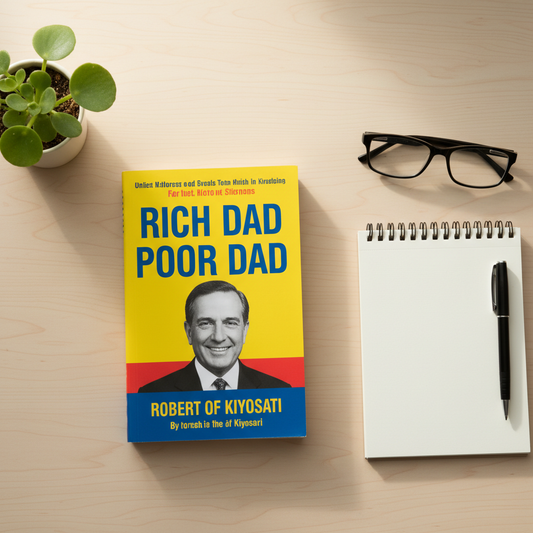 Rich Dad Poor Dad by Robert Kiyosaki flat lay on a minimal desk